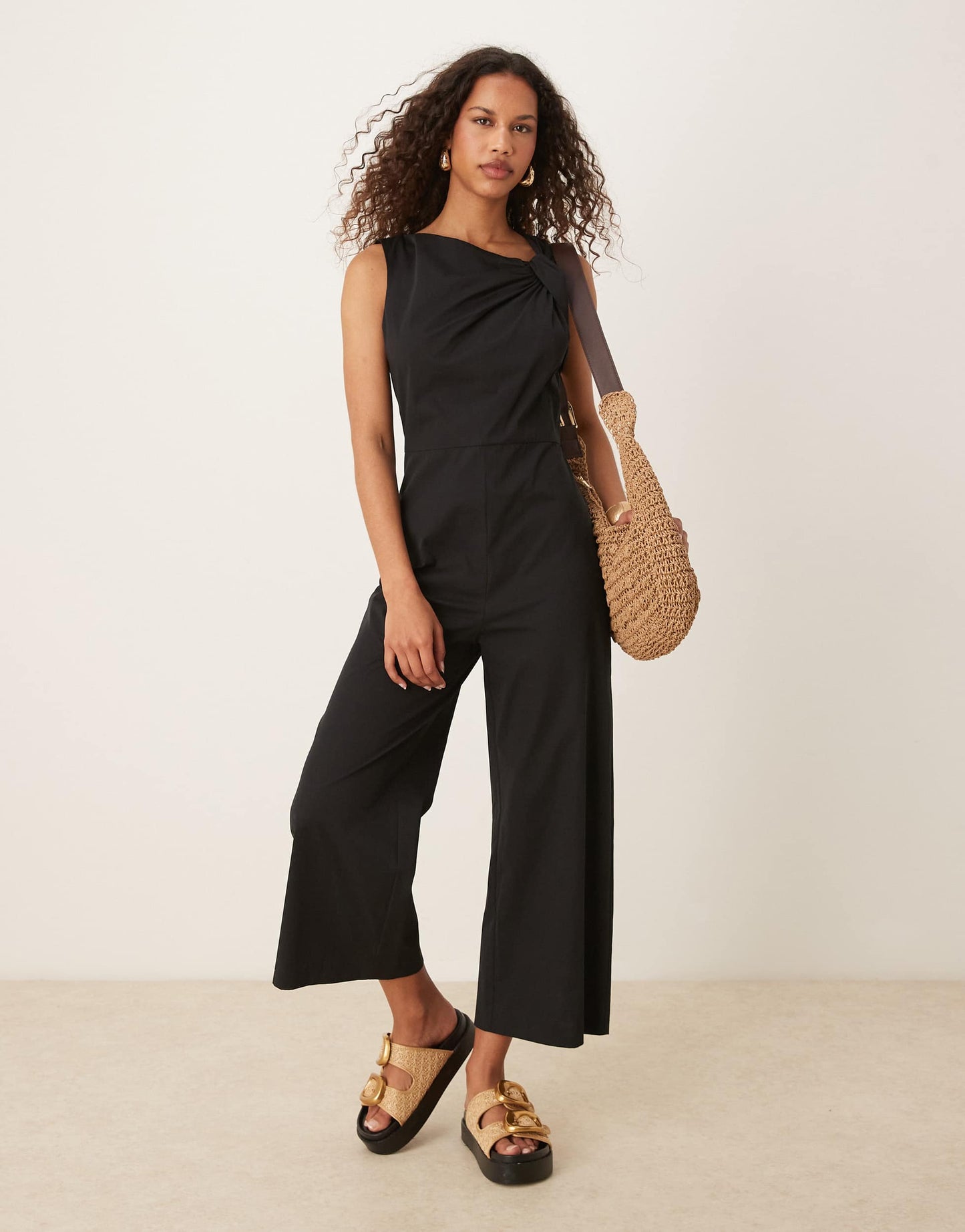 Mango knotted shoulder detail woven jumpsuit in black