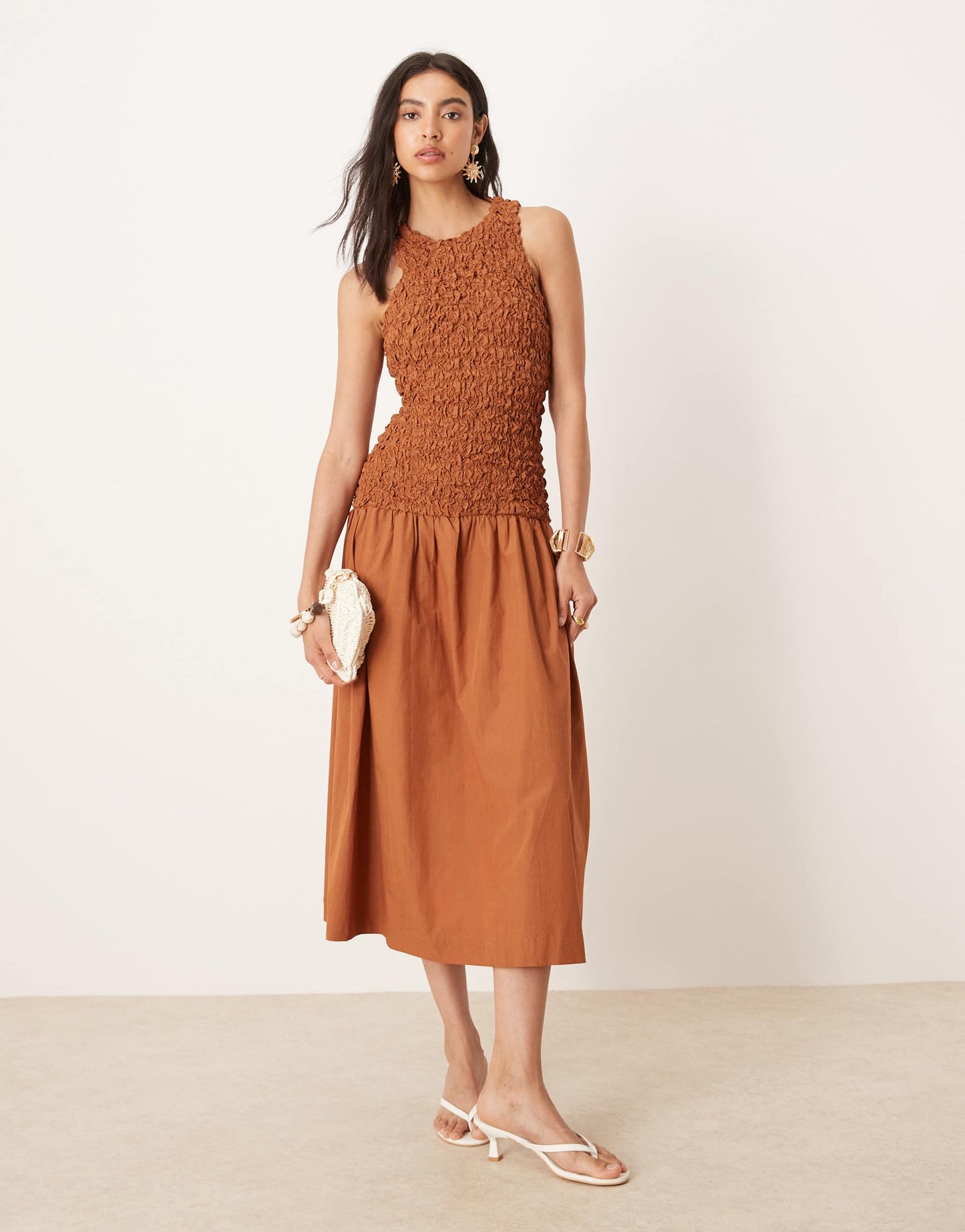 Mango crinkle textured drop waist dress in burnt orange