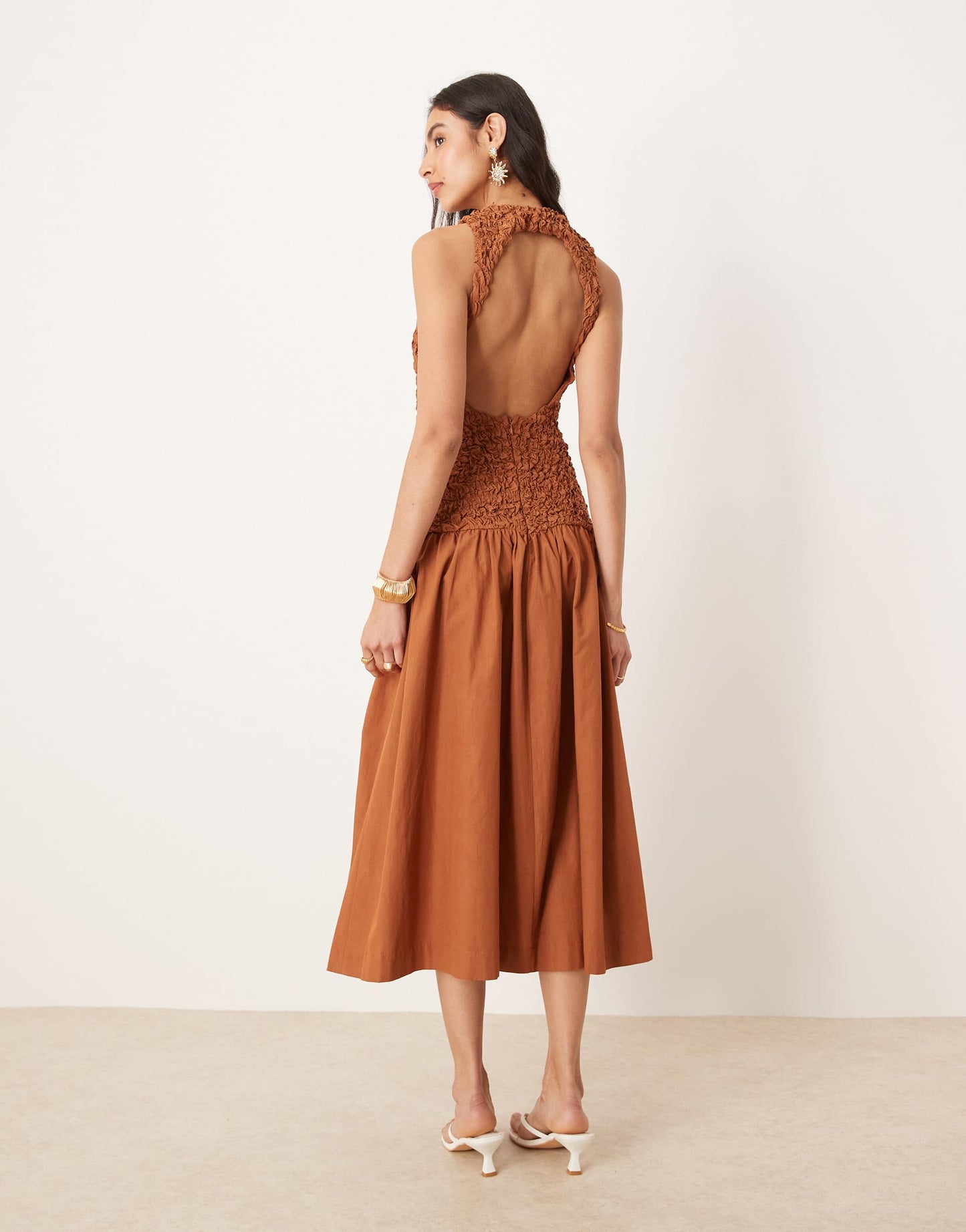 Mango crinkle textured drop waist dress in burnt orange