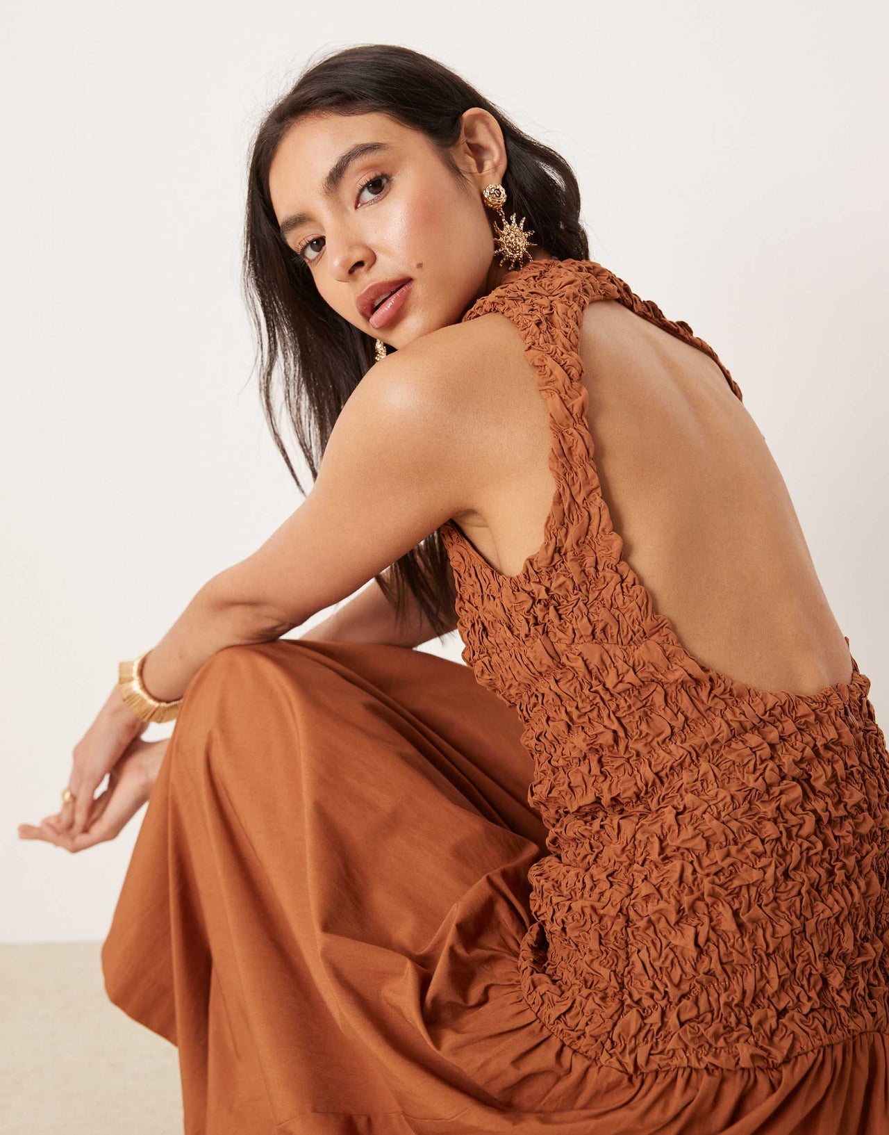 Mango crinkle textured drop waist dress in burnt orange