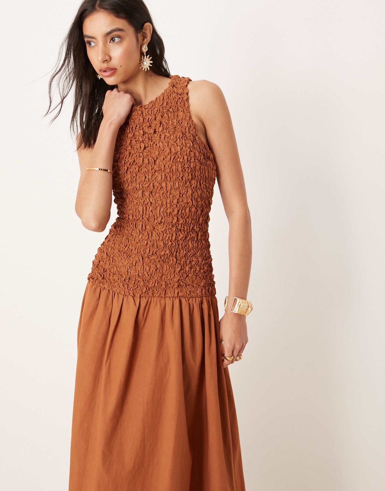 Mango crinkle textured drop waist dress in burnt orange