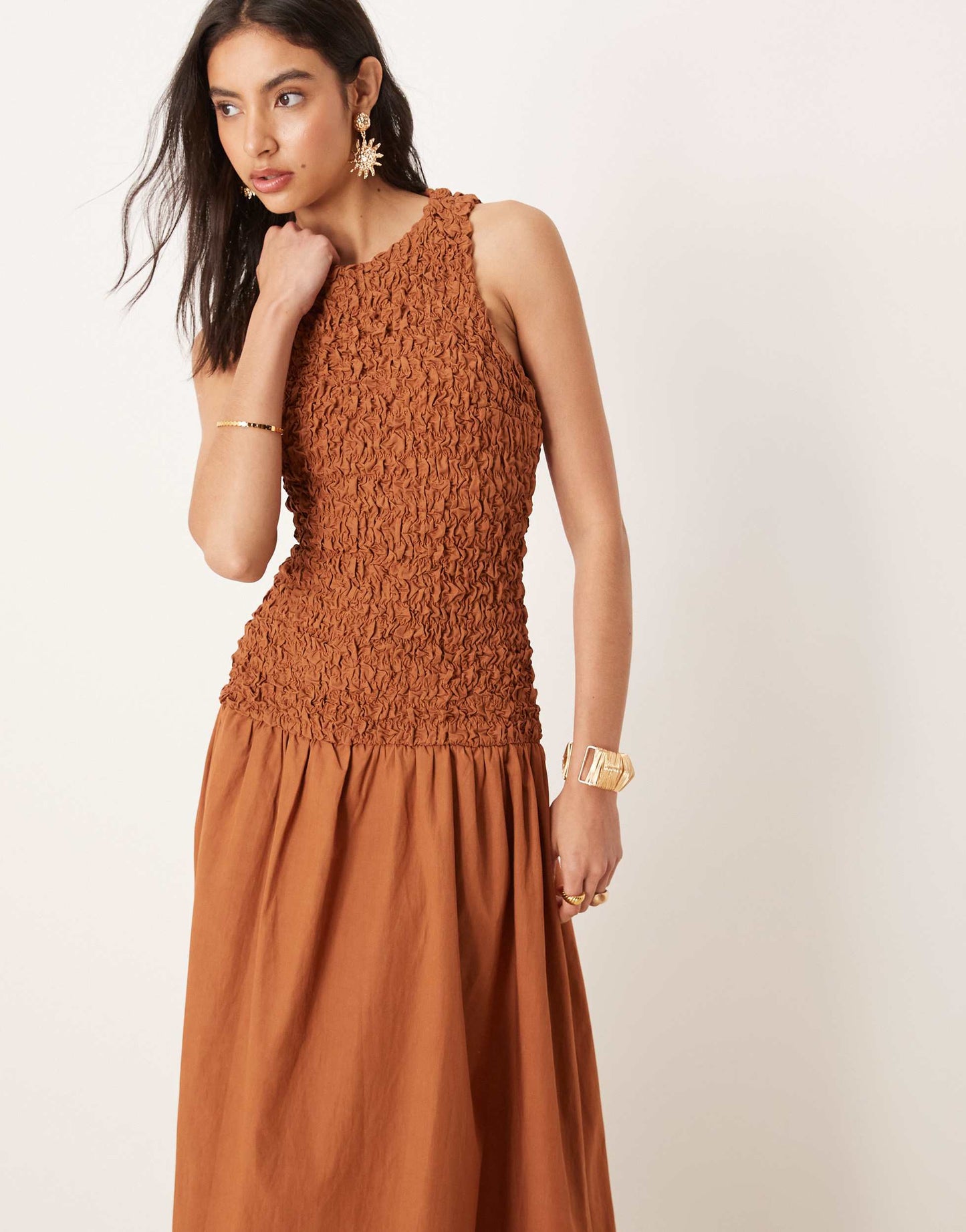 Mango crinkle textured drop waist dress in burnt orange