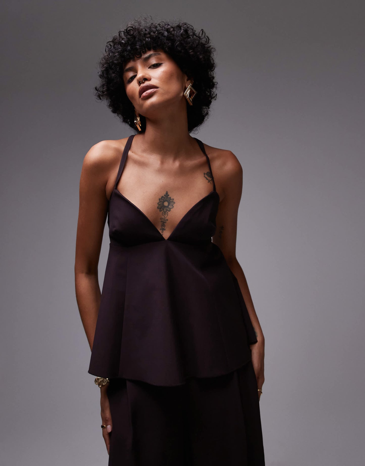 Mango structured open back peplem hem top co-ord in chocolate