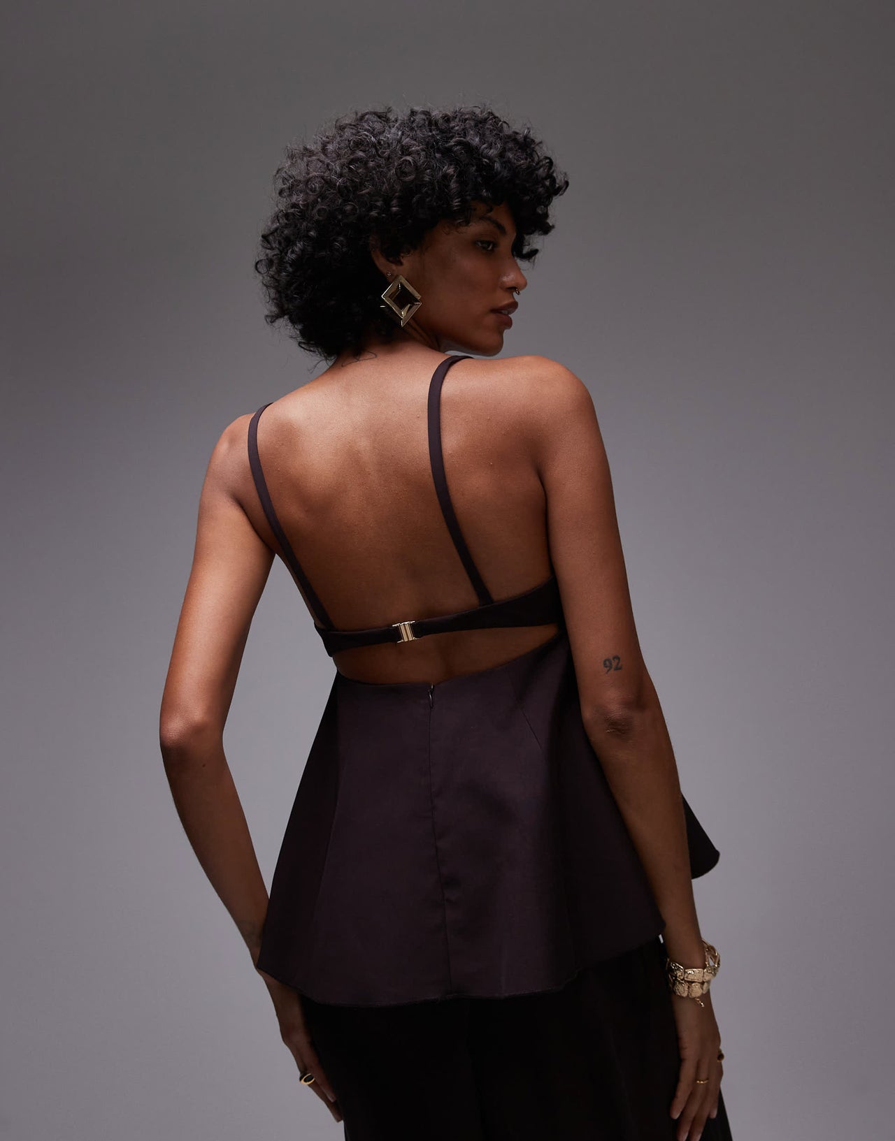 Mango structured open back peplem hem top co-ord in chocolate