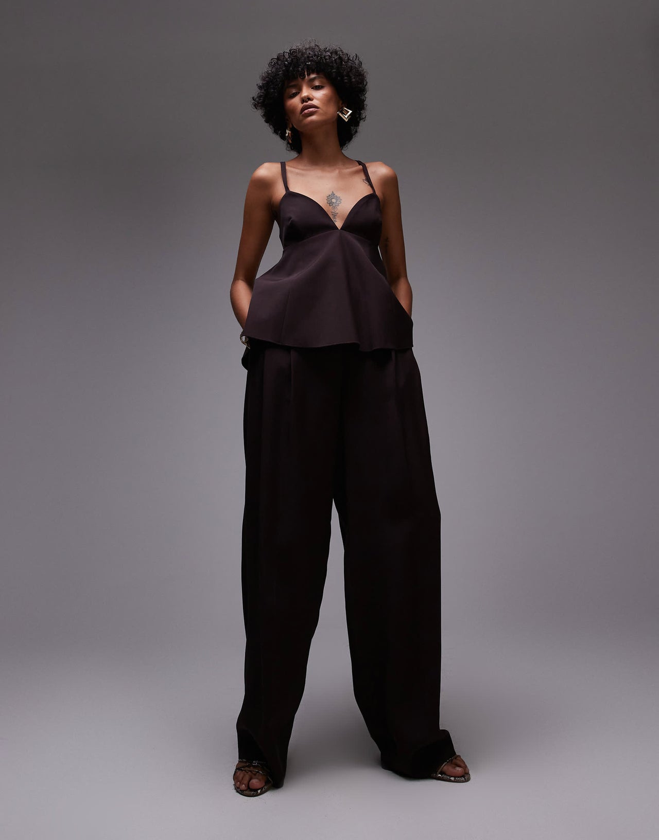 Mango structured open back peplem hem top co-ord in chocolate