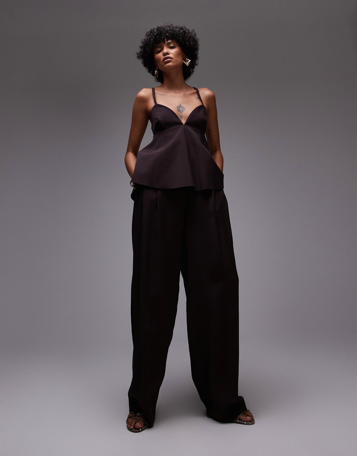 Mango structured open back peplem hem top co-ord in chocolate