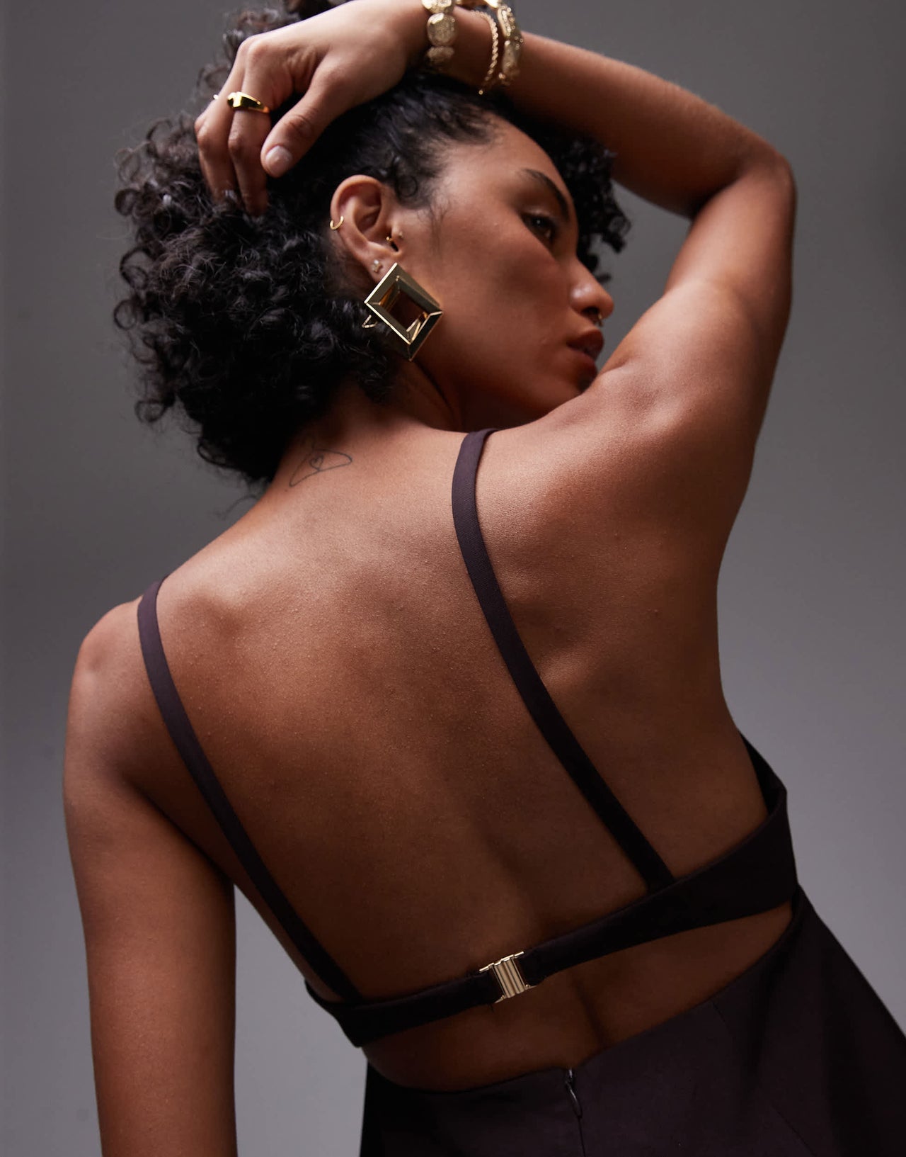 Mango structured open back peplem hem top co-ord in chocolate