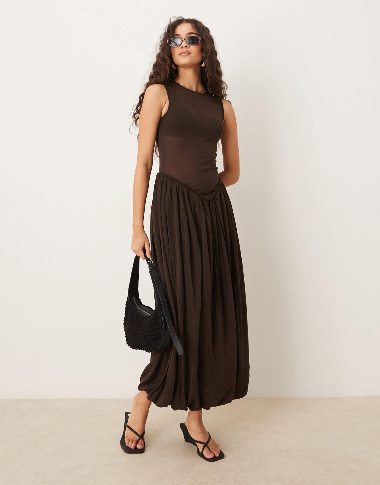 Mango capsule rami dropped waist crinkle midi dress in chocolate