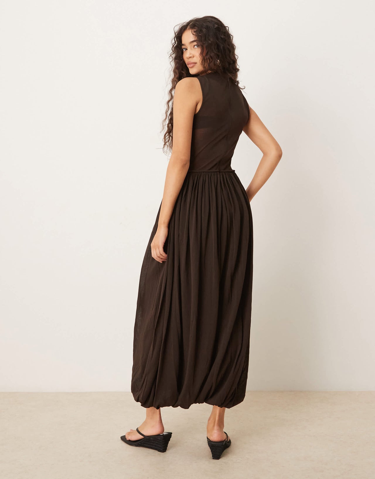 Mango capsule rami dropped waist crinkle midi dress in chocolate