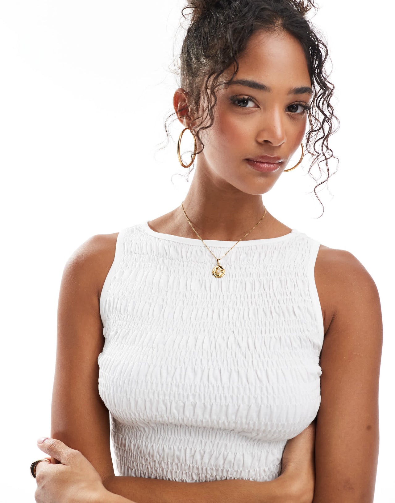 Stradivarius ruched tiered detail top in white