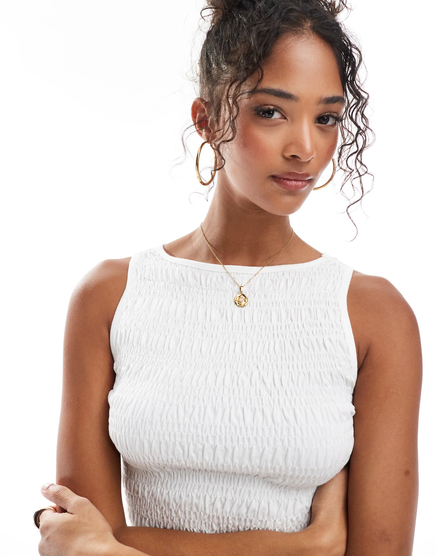 Stradivarius ruched tiered detail top in white