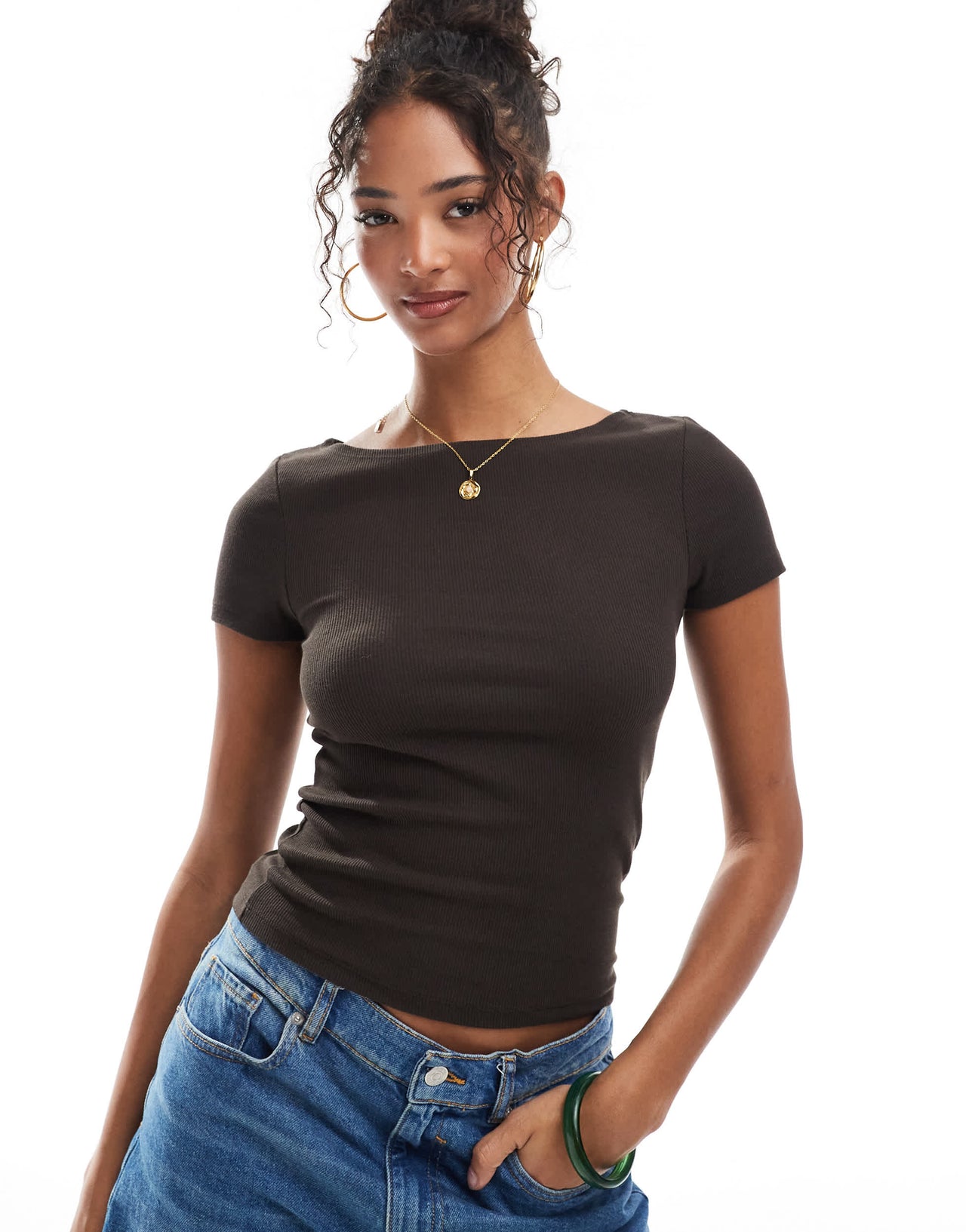 Stradivarius STR boat neck top in brown
