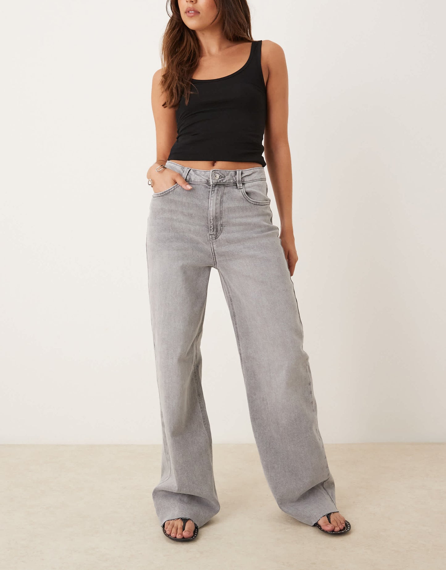 Pimkie high waisted wide leg raw hem jeans in grey wash