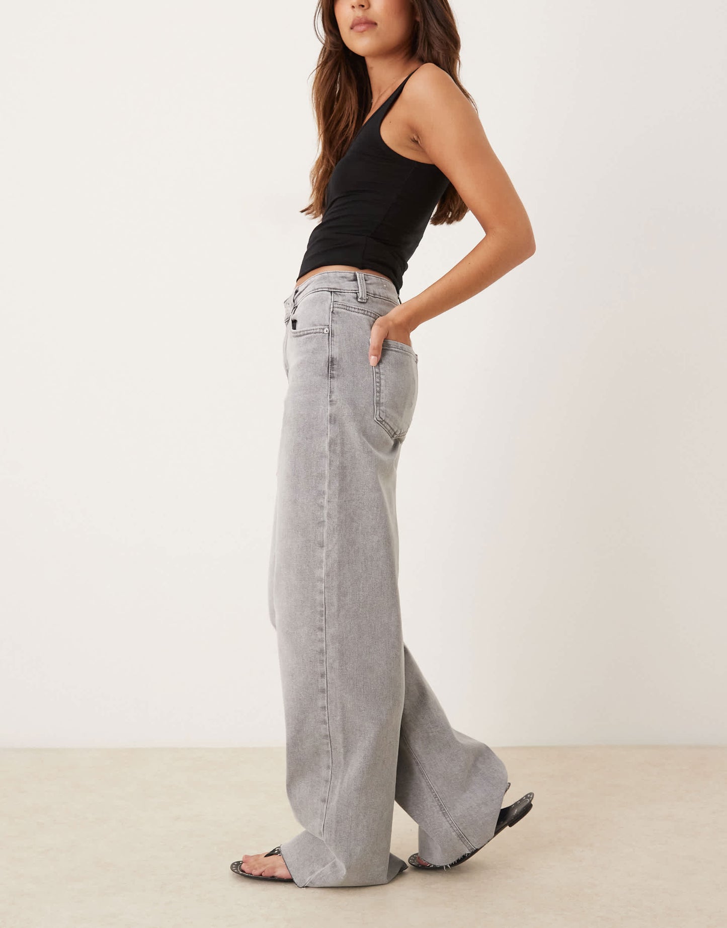 Pimkie high waisted wide leg raw hem jeans in grey wash