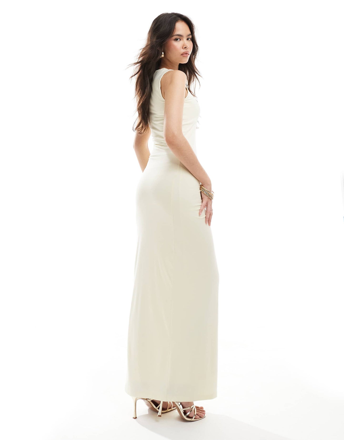4th & Reckless double layered racerneck gold hardware ruched detail maxi dress in lemon