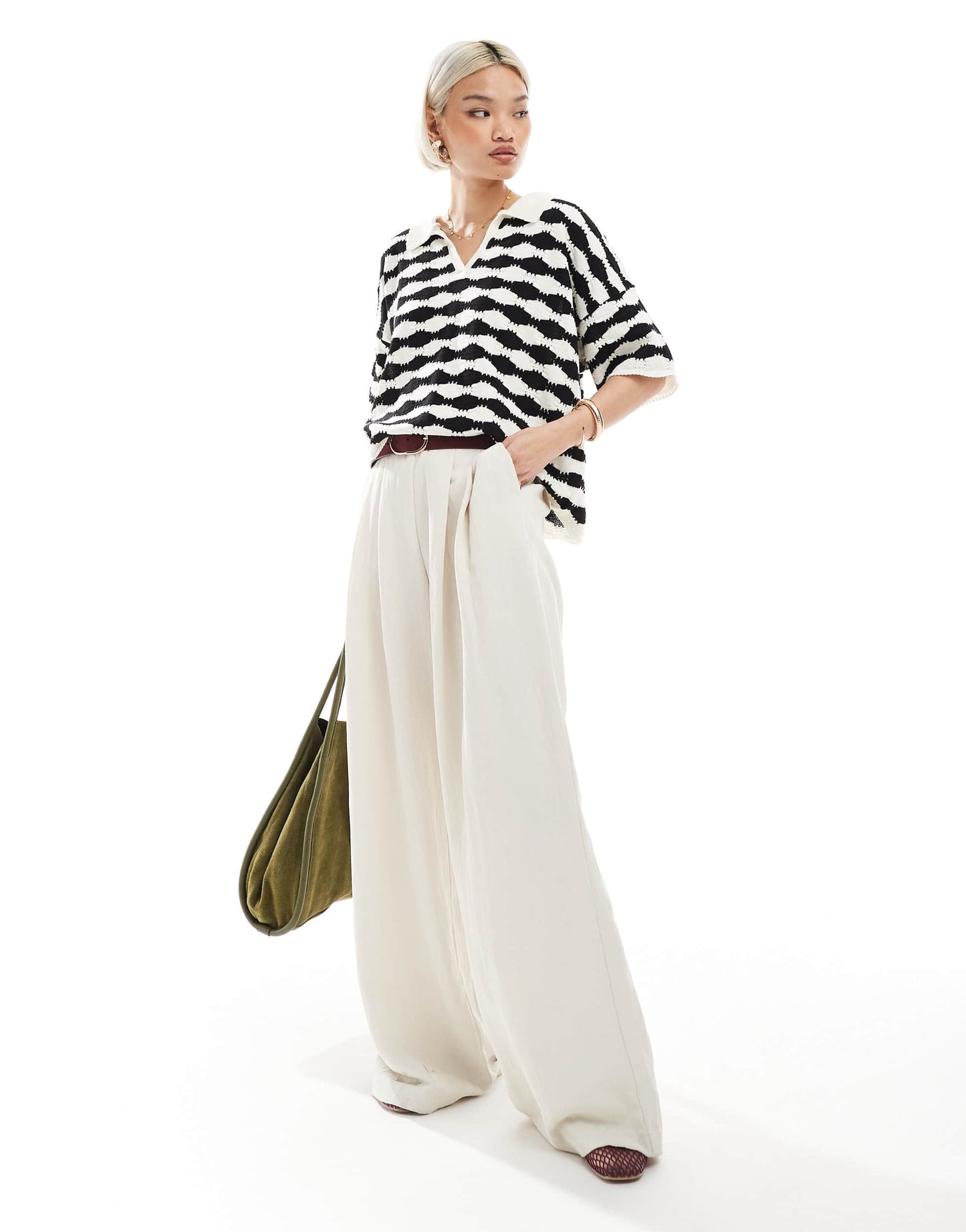 ASOS DESIGN knitted stitch relaxed polo top in mono stripe