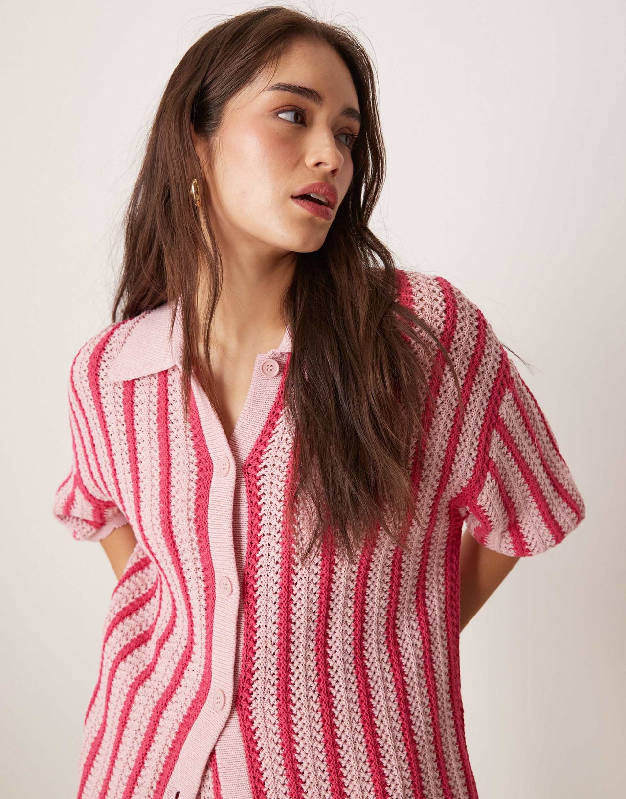 ASOS DESIGN stripe scallop edge knitted shirt co-ord in pink