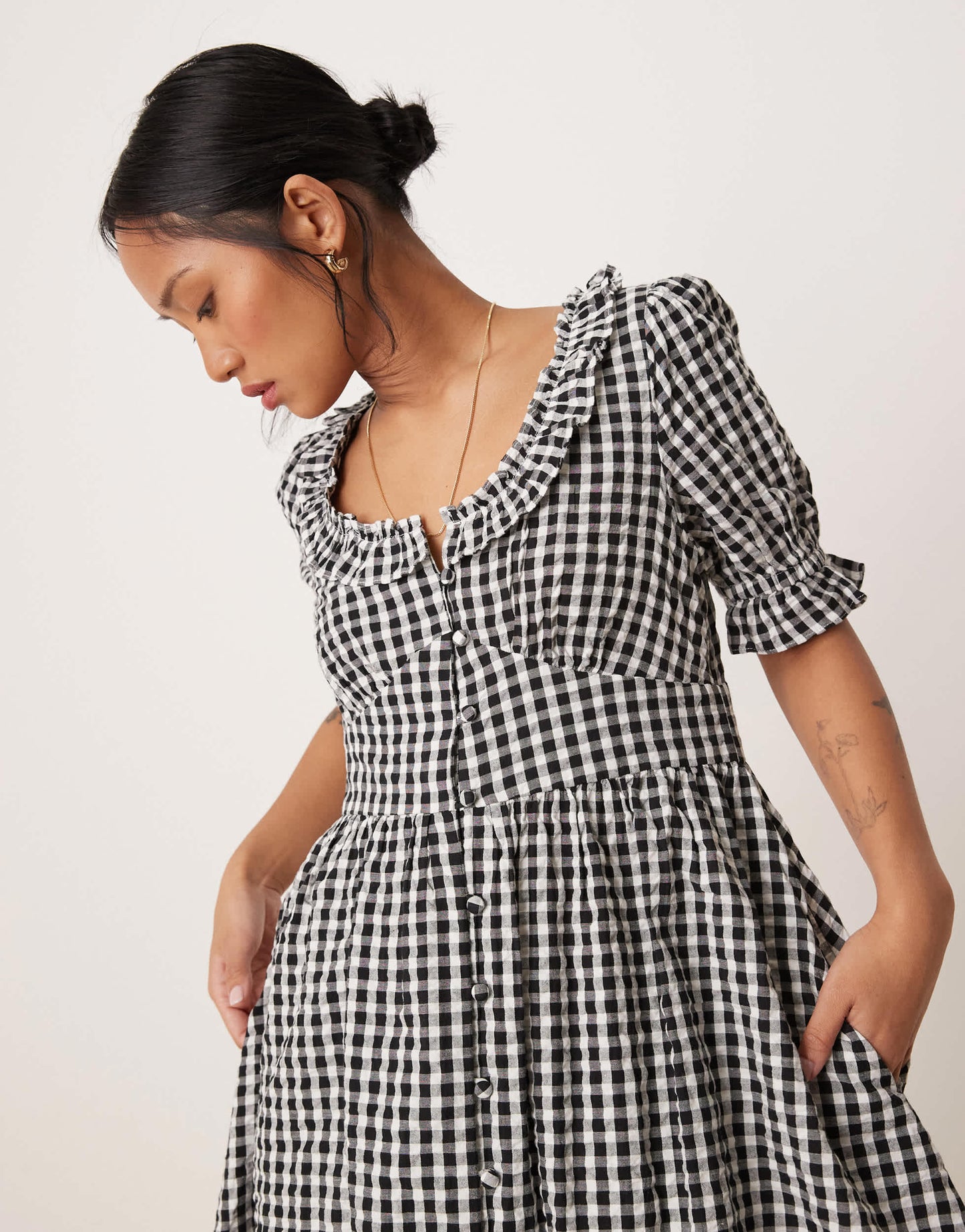 Nobody's Child Petite Flossie frill detail midi dress in black gingham