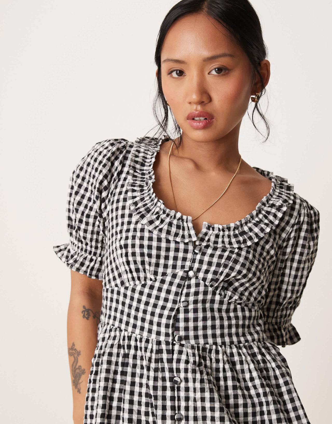 Nobody's Child Petite Flossie frill detail midi dress in black gingham