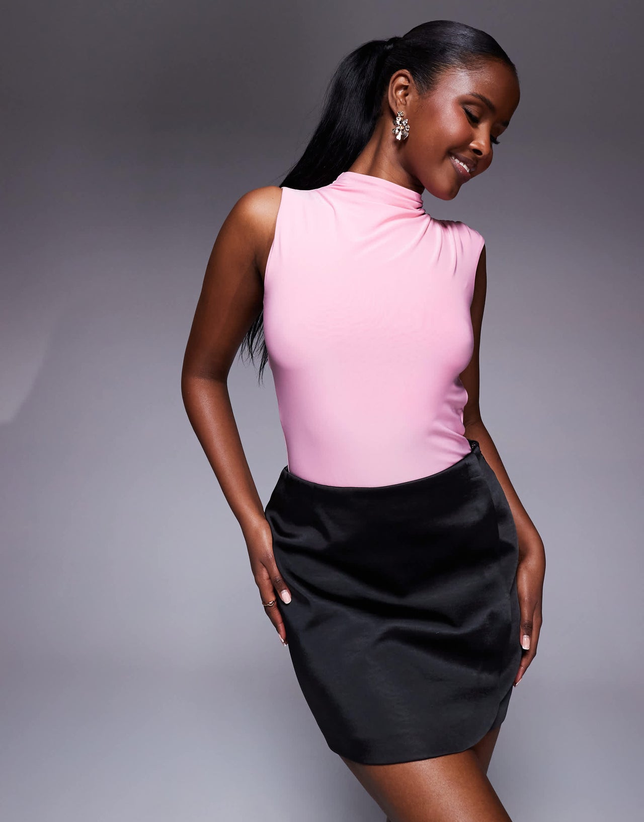 Missyempire double sculpted slinky high neck open back ruched detail body in pink