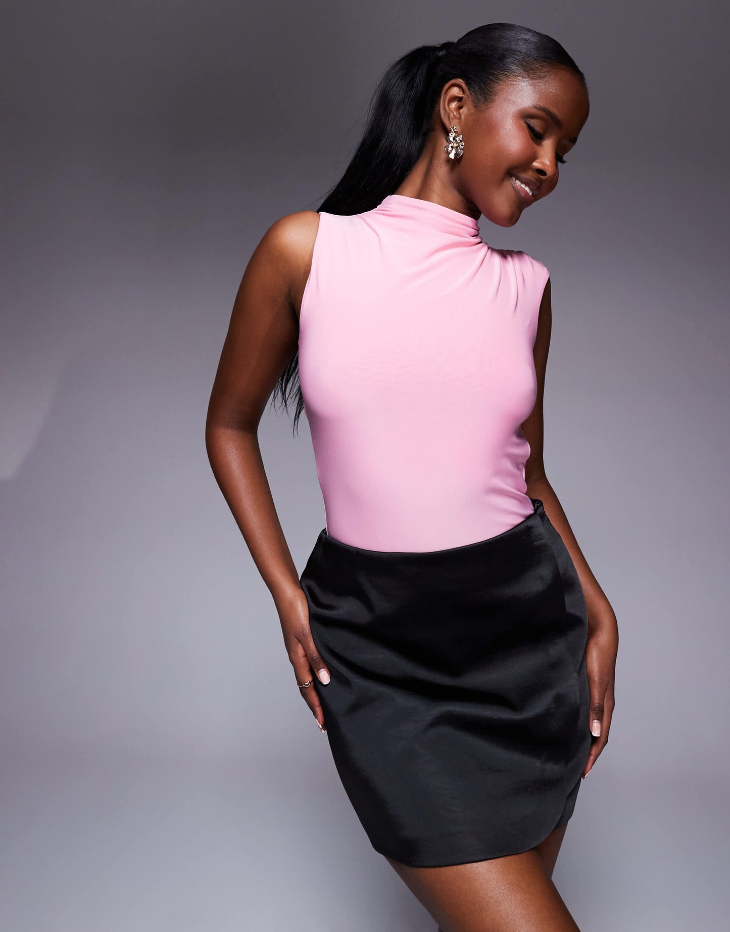 Missyempire double sculpted slinky high neck open back ruched detail body in pink