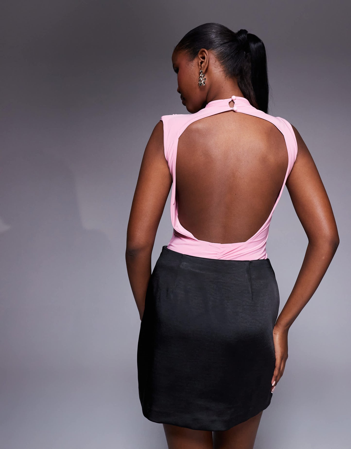 Missyempire double sculpted slinky high neck open back ruched detail body in pink
