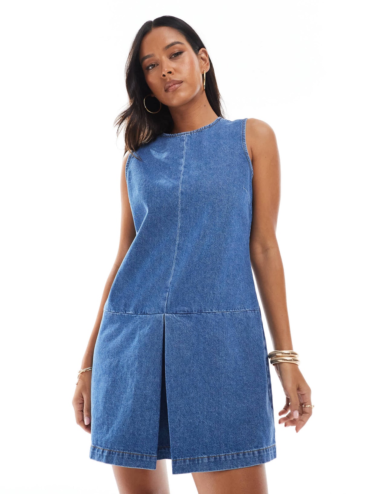 ASOS DESIGN denim shift dress with dropped waist pleat