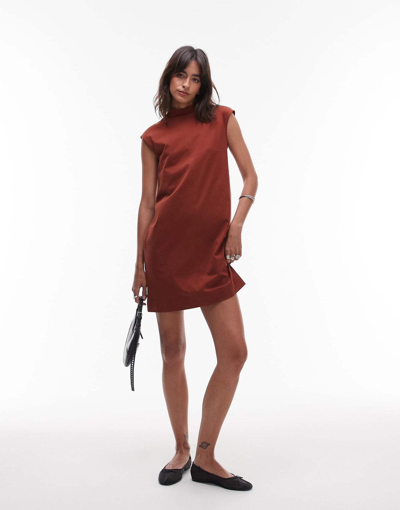 ARKET pure cotton high neck cap sleeve mini dress in rust