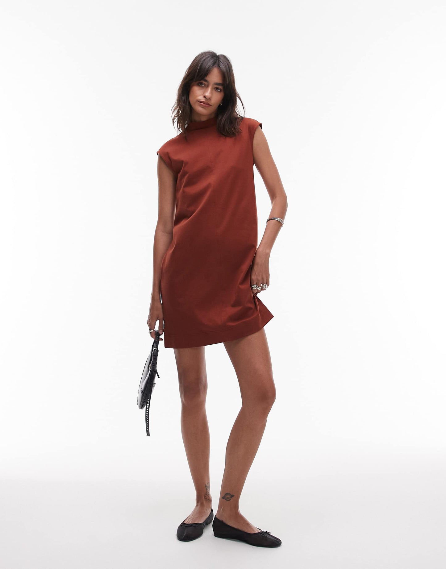 ARKET pure cotton high neck cap sleeve mini dress in rust