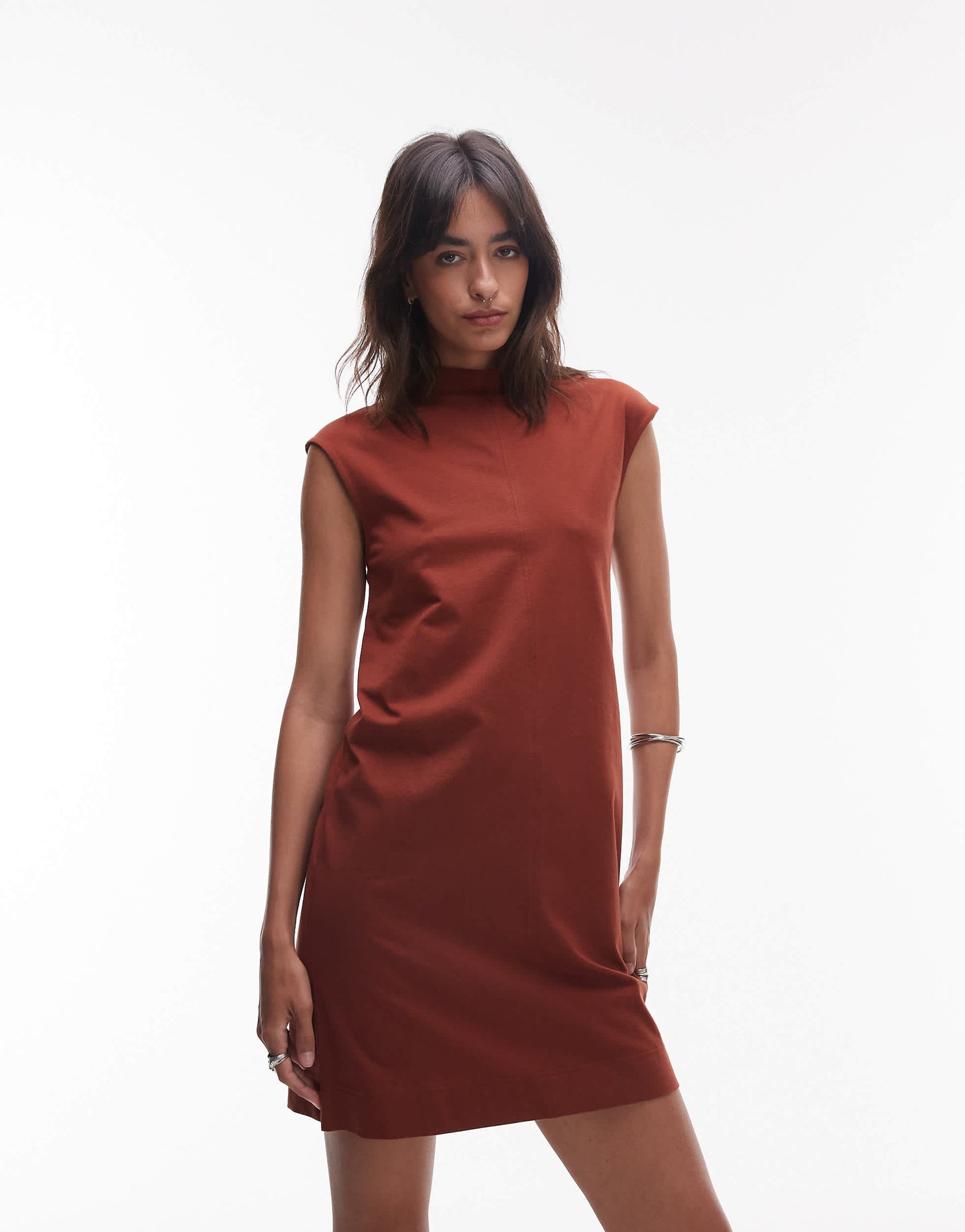 ARKET pure cotton high neck cap sleeve mini dress in rust