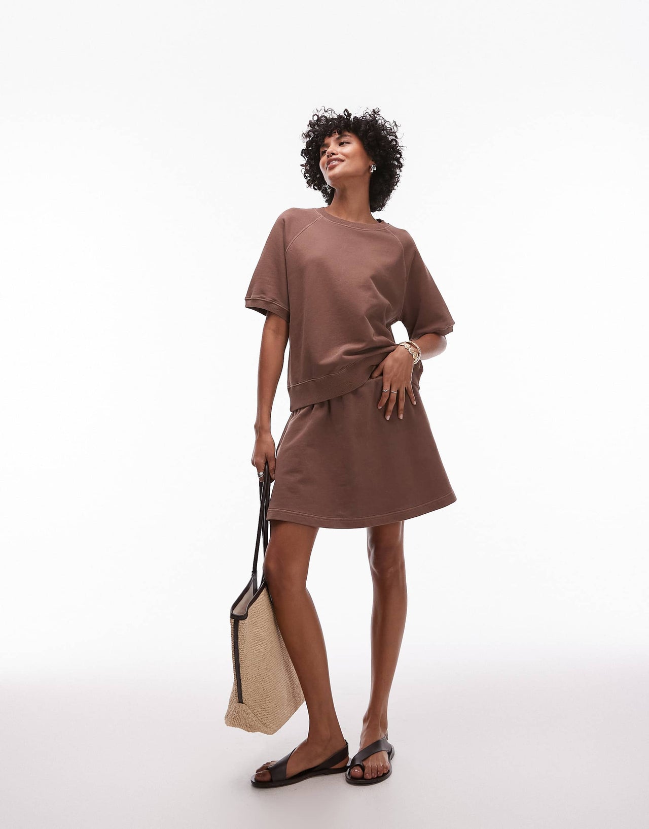 ARKET soft touch elasticated waist mini skirt in brown