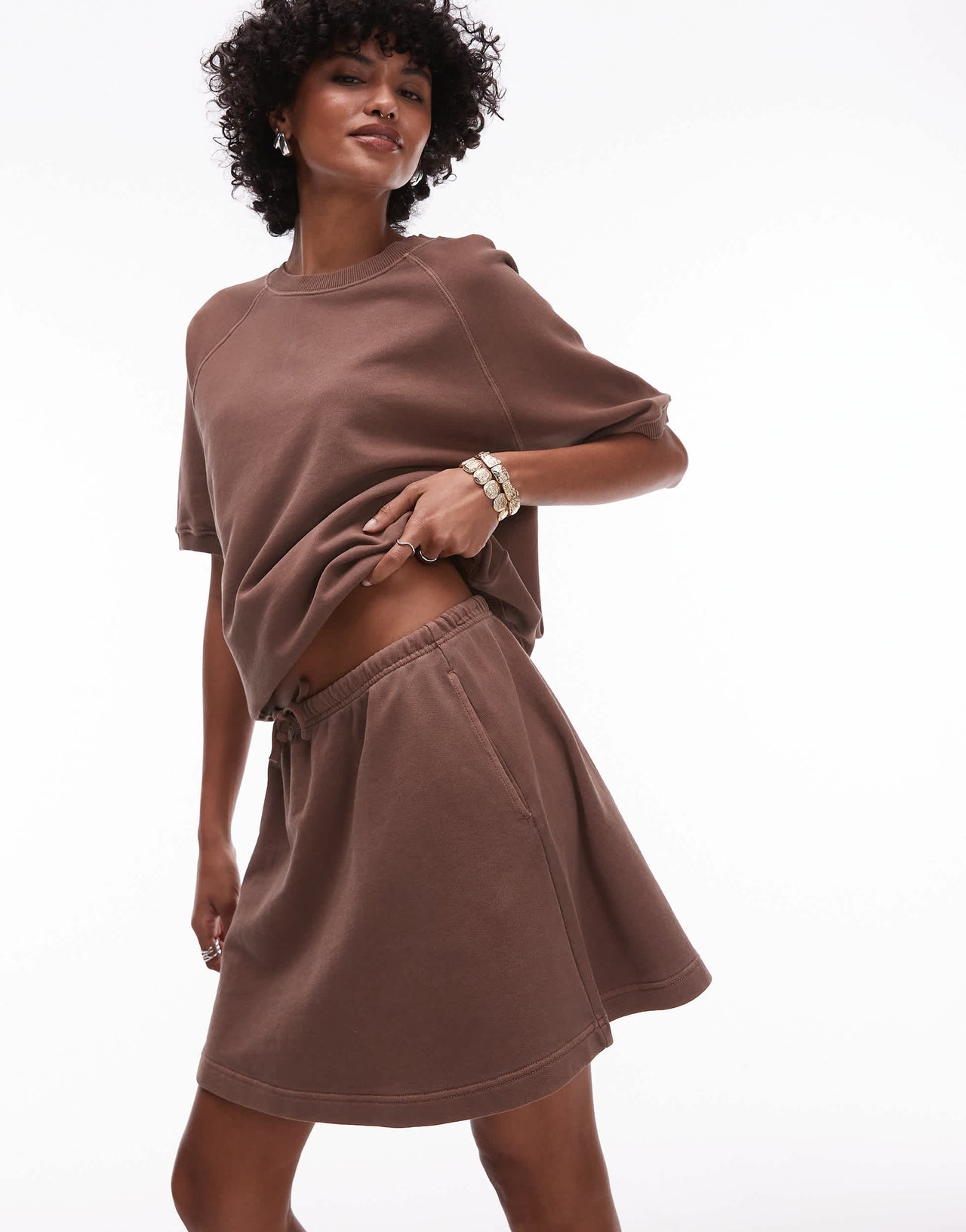 ARKET soft touch elasticated waist mini skirt in brown