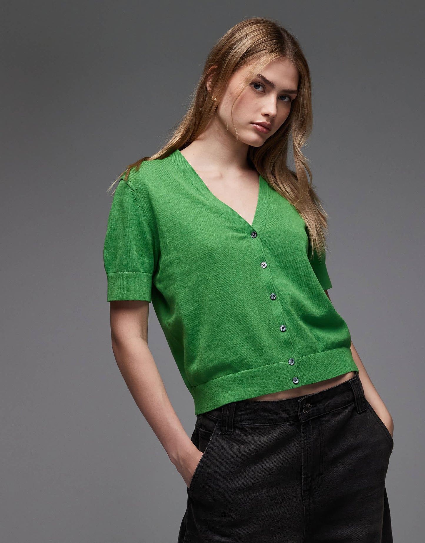 ARKET pure cotton fine knitted cardigan with short sleeves in green