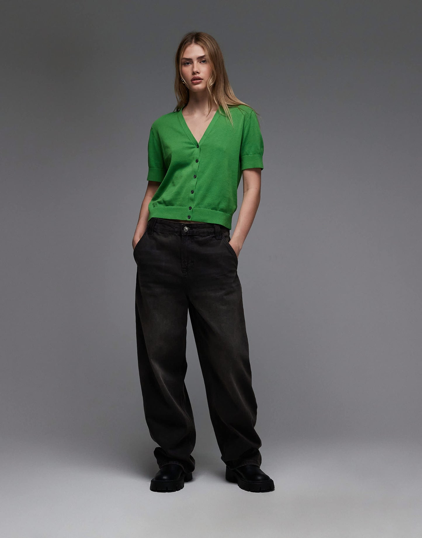 ARKET pure cotton fine knitted cardigan with short sleeves in green