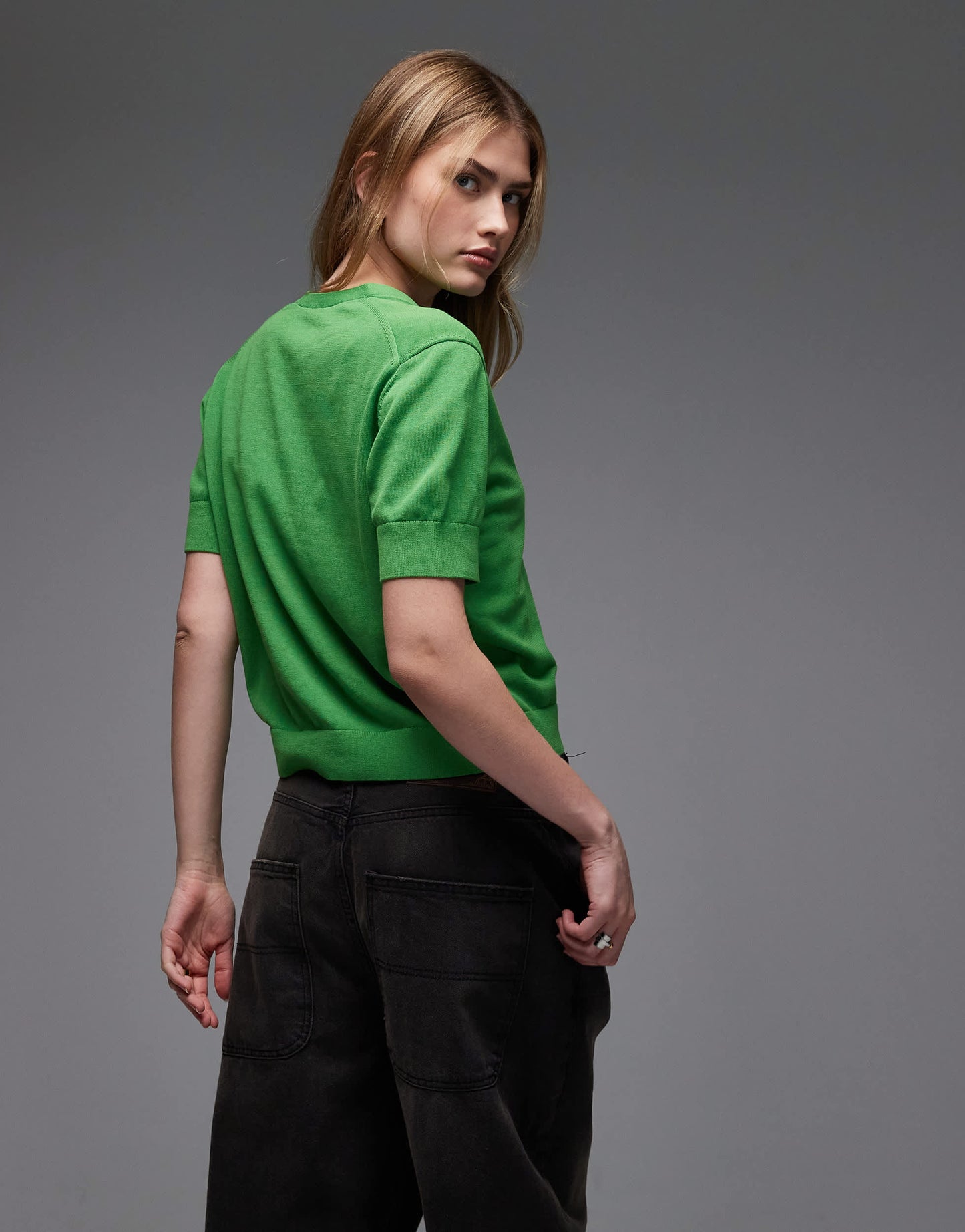 ARKET pure cotton fine knitted cardigan with short sleeves in green