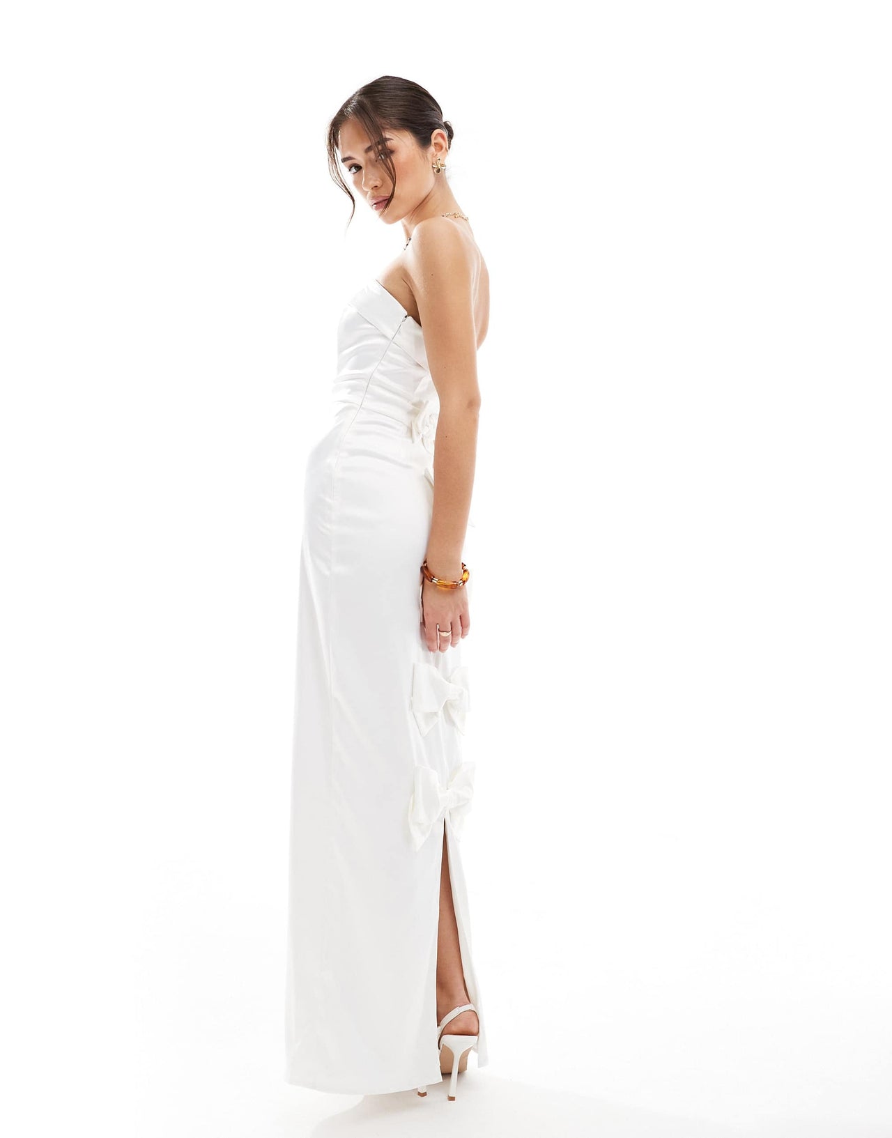 TFNC Bridal satin bandeau maxi dress with bow back detail in white