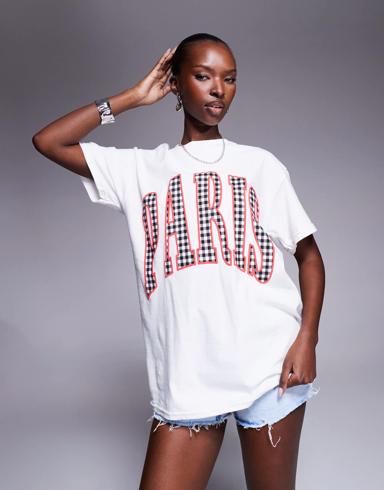 River Island paris gingham print t-shirt in white