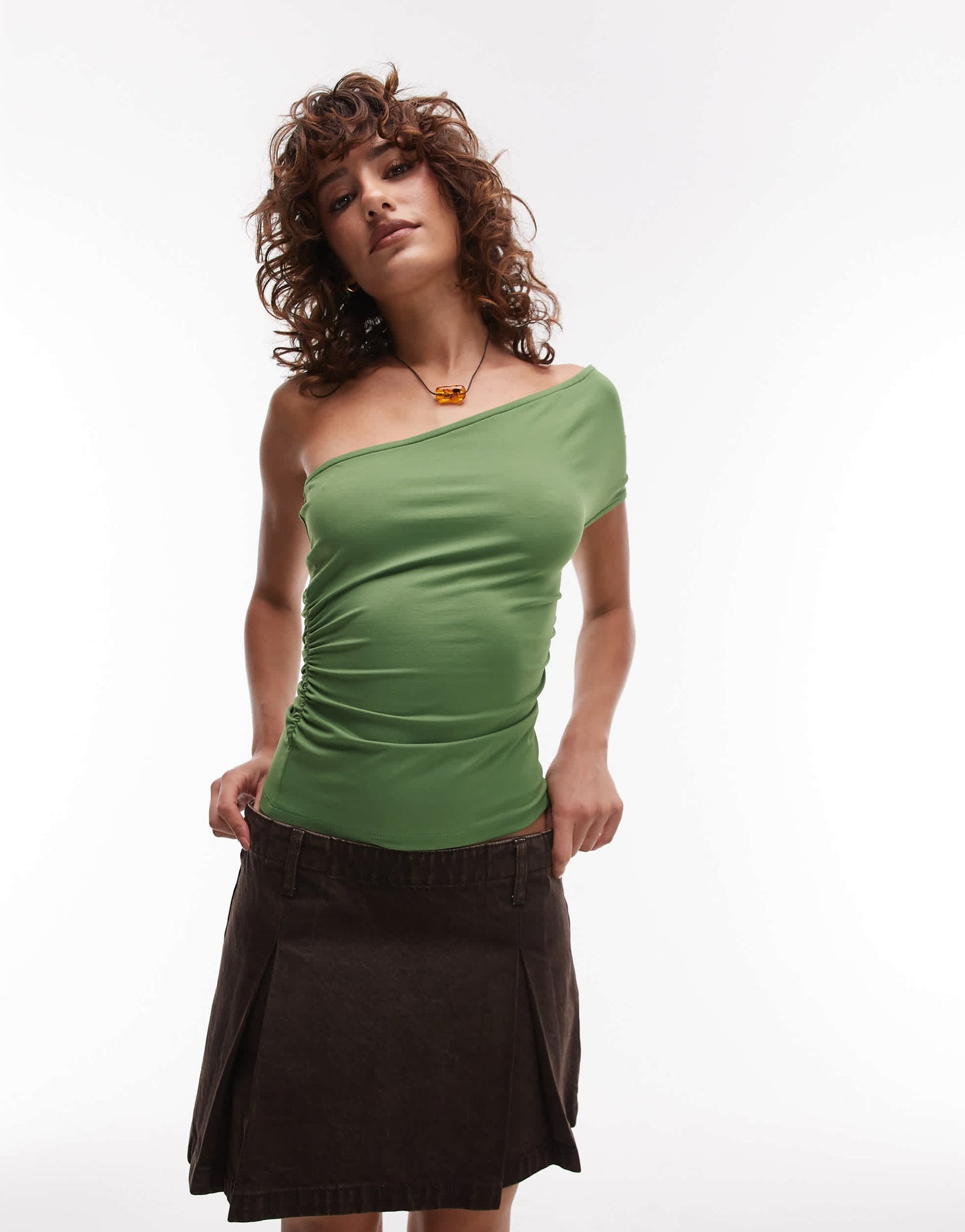 Topshop asymmetric ruched one shoulder top in green