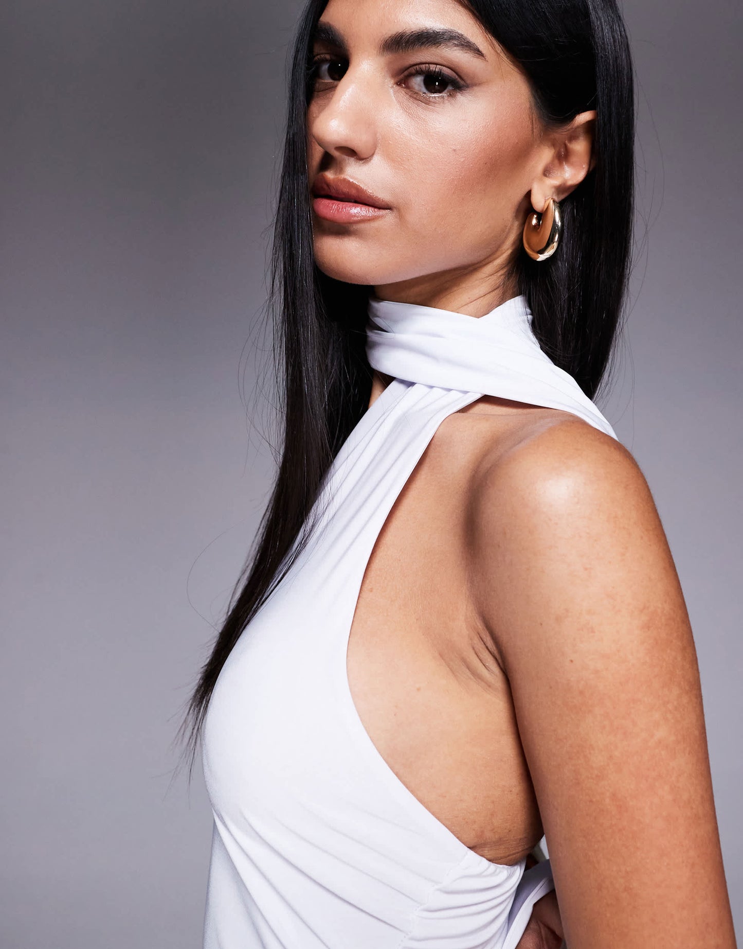 Fashionkilla exclusive slinky double sculpted halterneck scarf detail mini dress in white