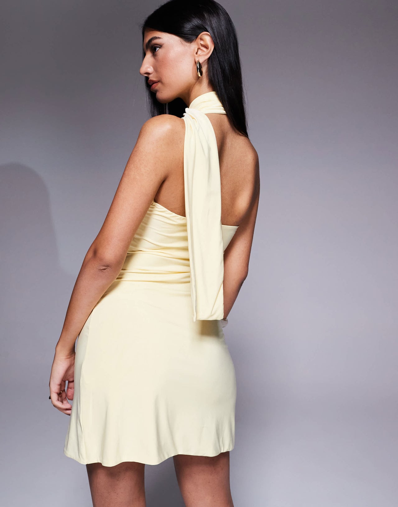 Fashionkilla exclusive slinky double sculpted halterneck scarf detail mini dress in pale yellow