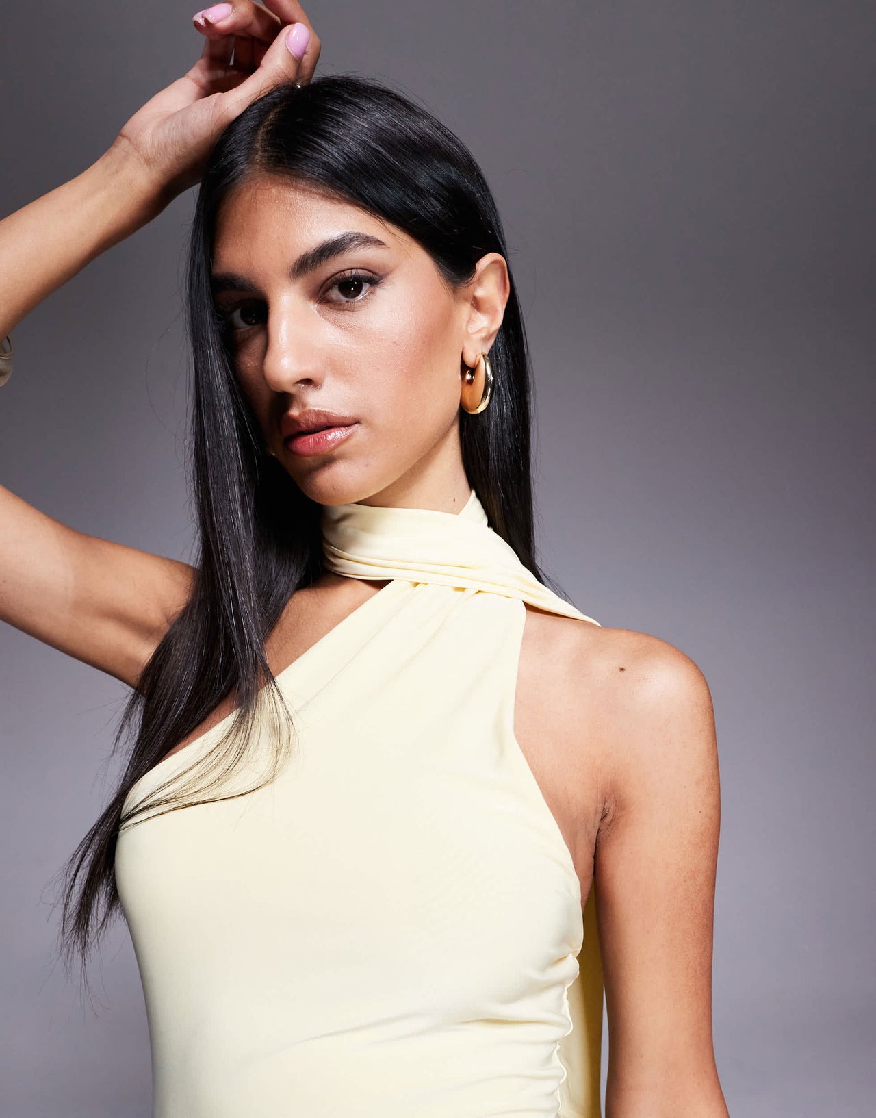 Fashionkilla exclusive slinky double sculpted halterneck scarf detail mini dress in pale yellow