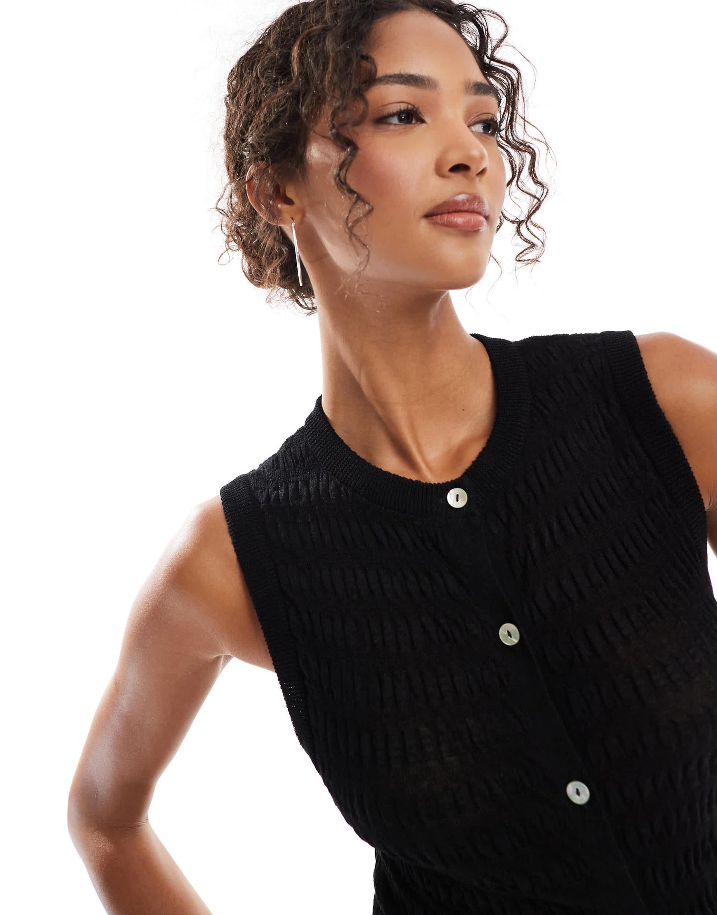 ASOS DESIGN knitted shirred button through tank in black