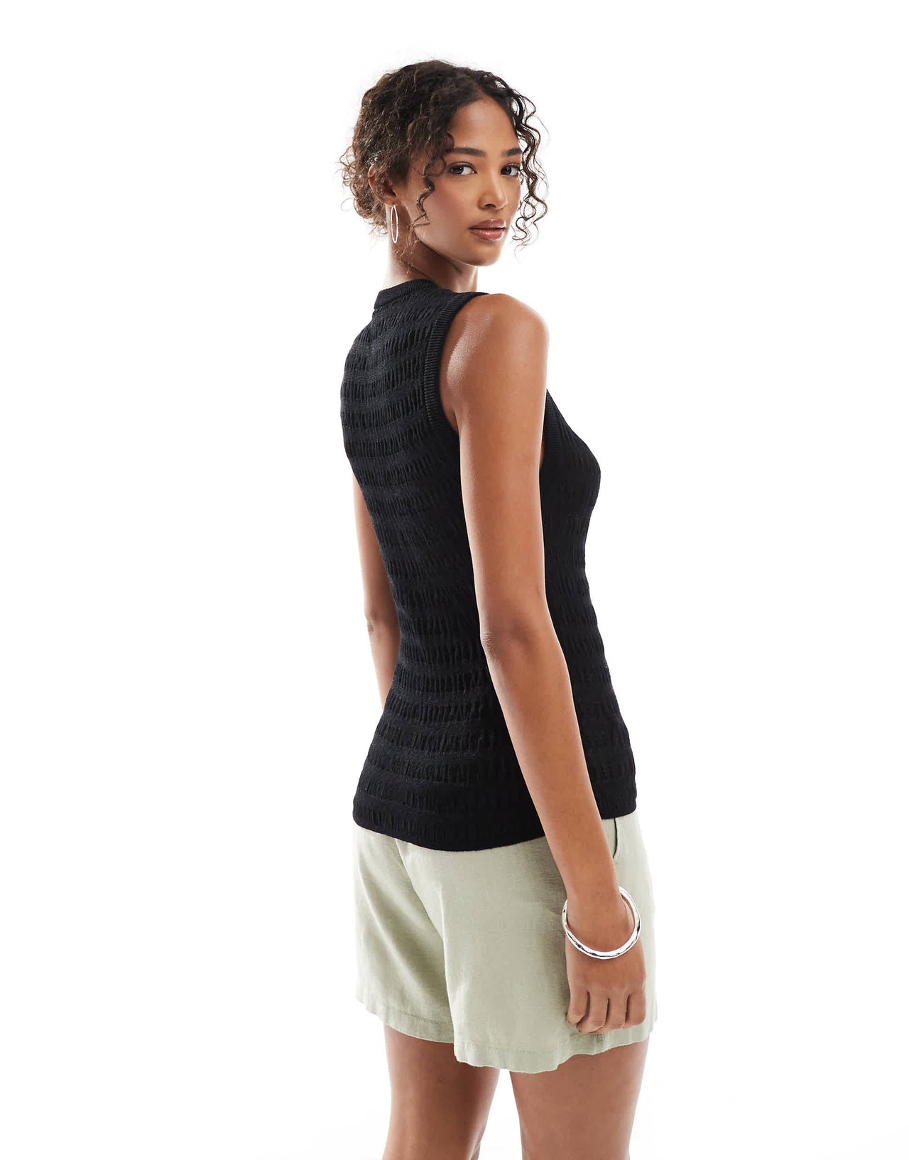 ASOS DESIGN knitted shirred button through tank in black