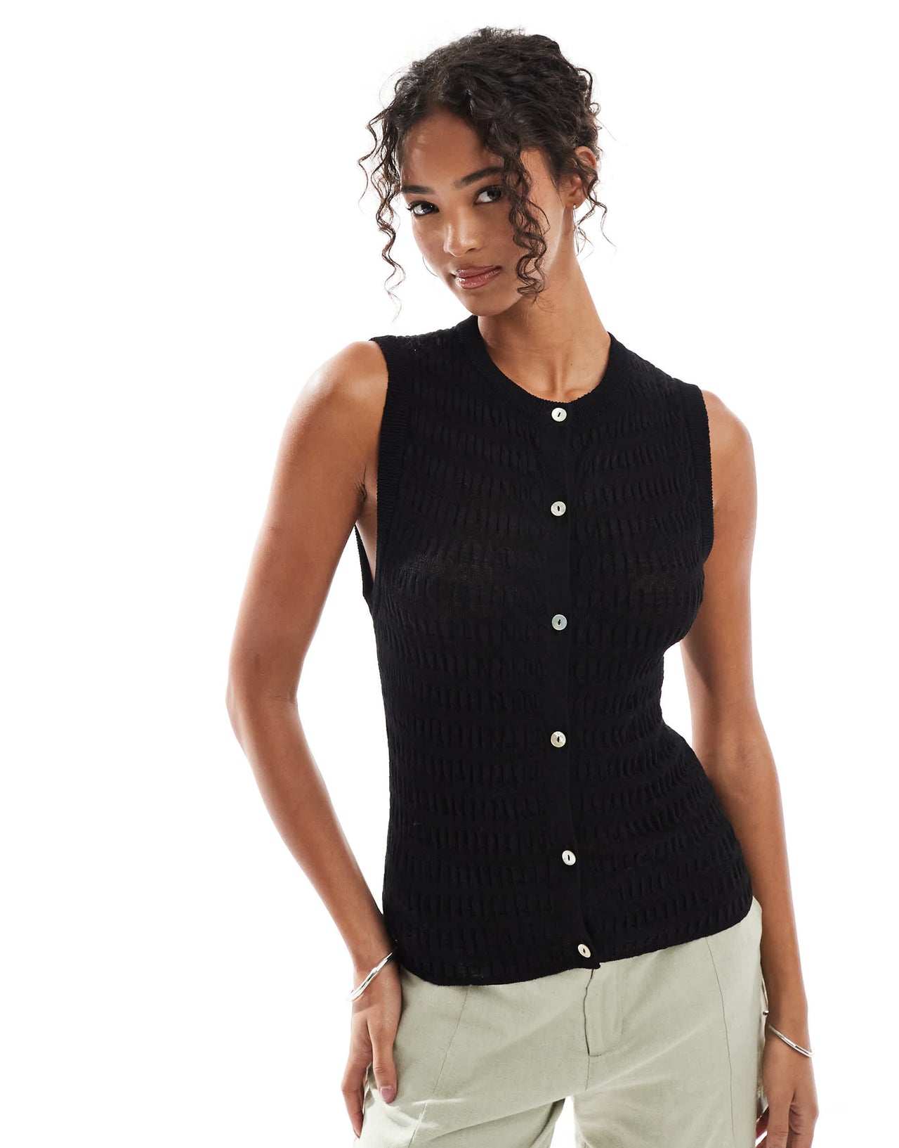 ASOS DESIGN knitted shirred button through tank in black