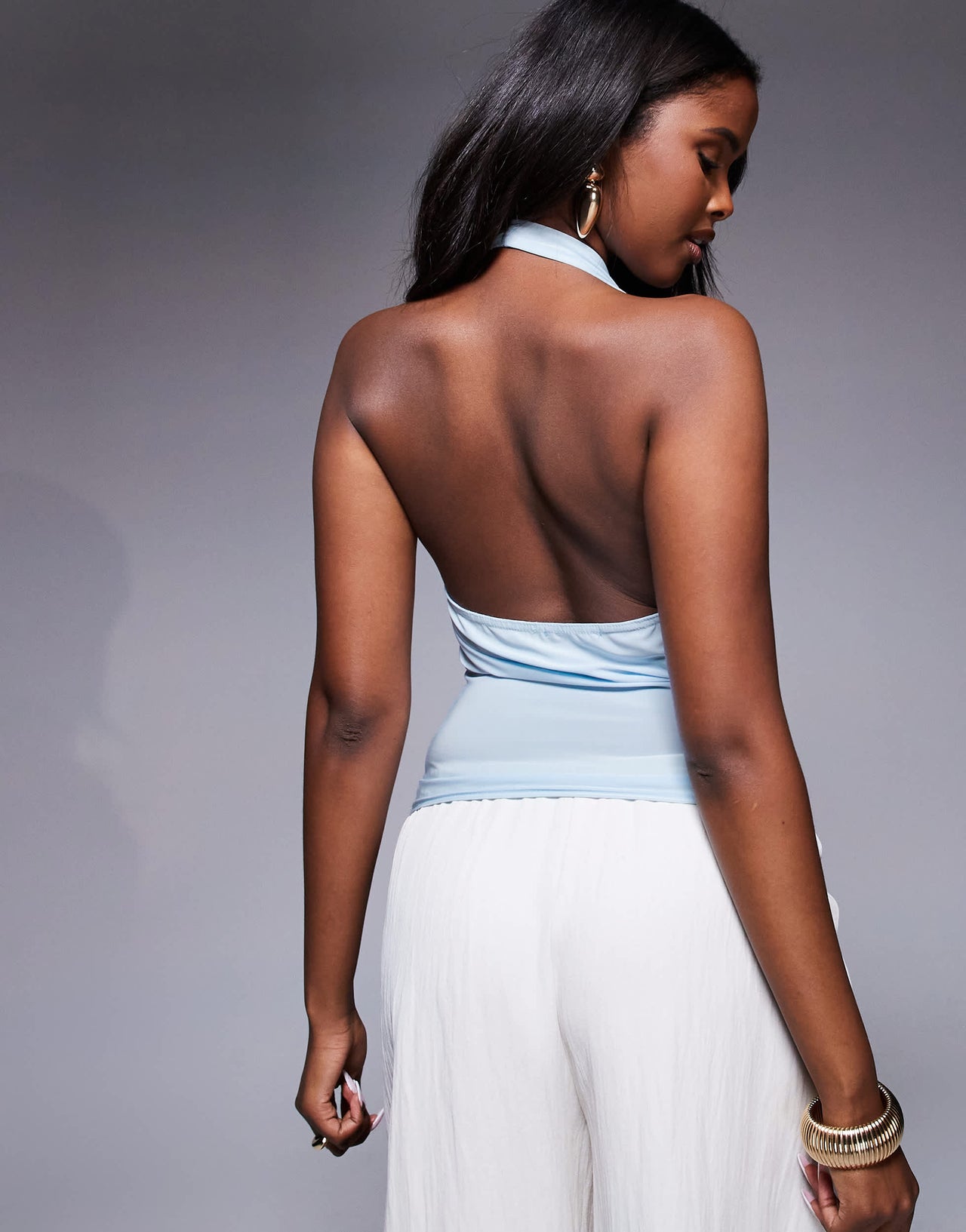 Missyempire double sculpted slinky cowl neck open back top in blue