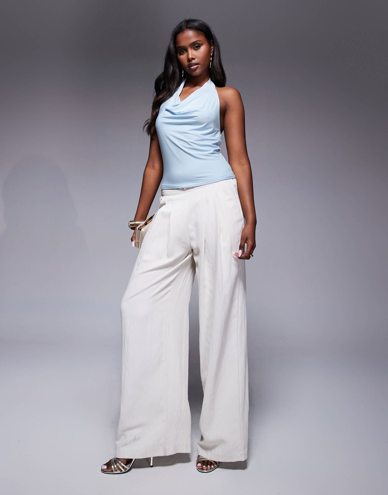 Missyempire double sculpted slinky cowl neck open back top in blue