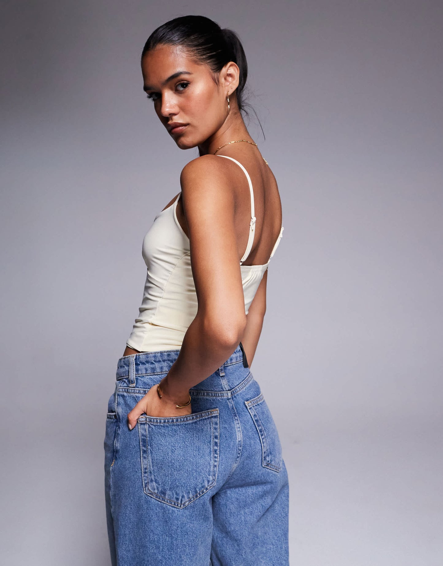 Missyempire slinky metal detail front cut out cami top in buttercream