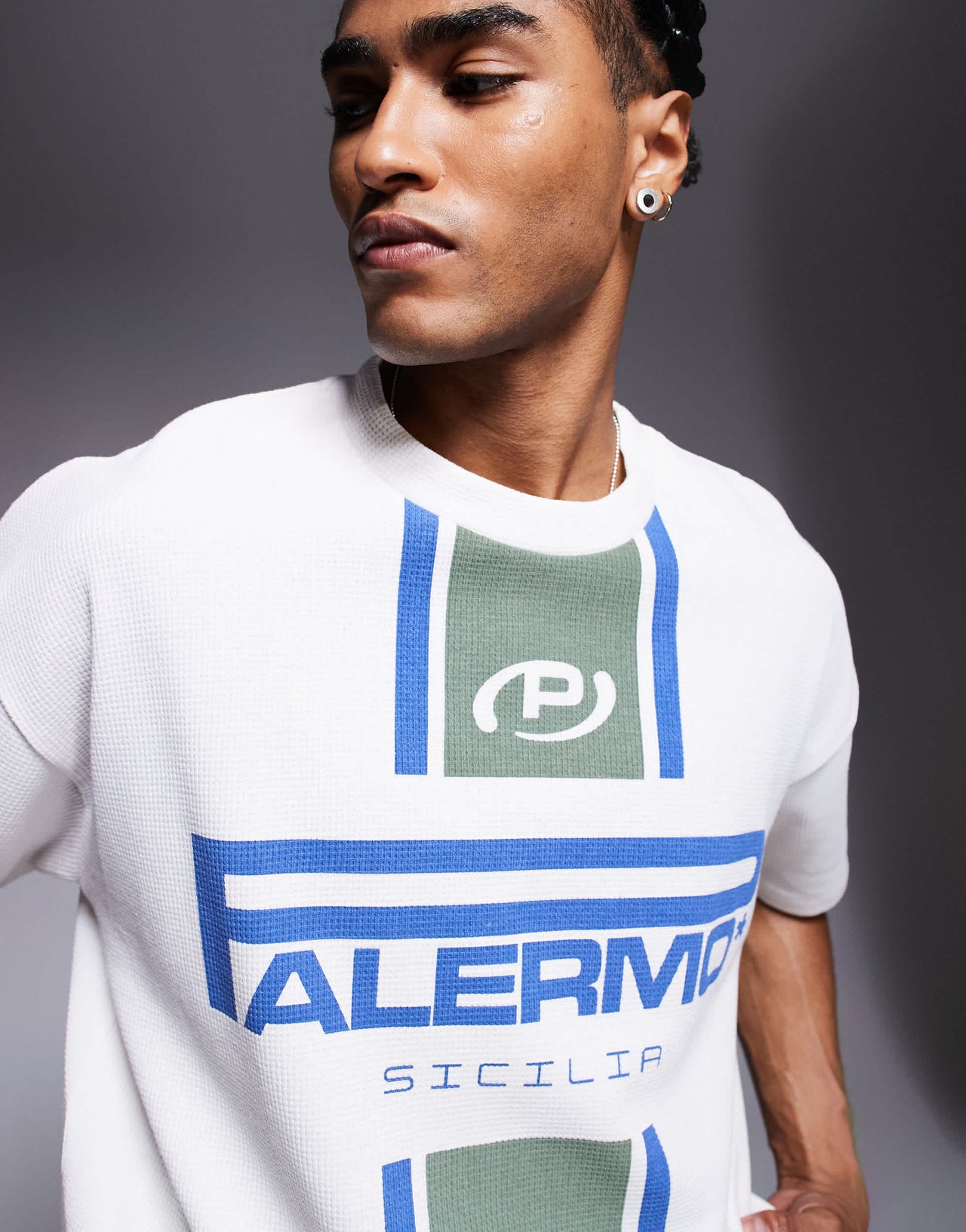 ASOS DESIGN boxy oversized t-shirt with Palermo graphic in cream waffle