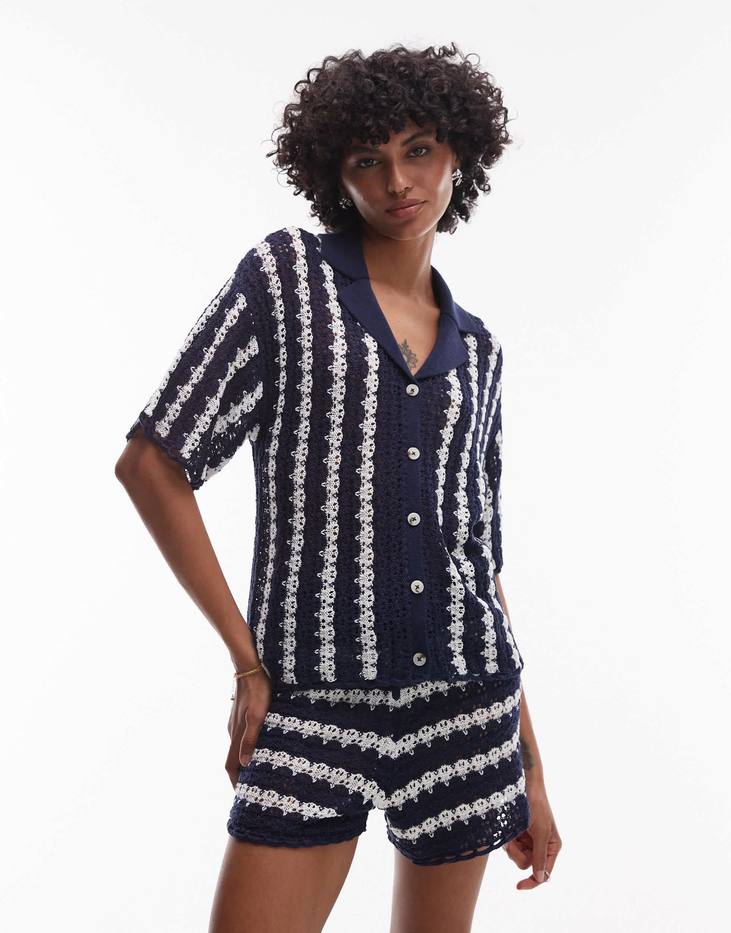 Topshop knitted stitchy stripe co-ord shirt in blue and ivory