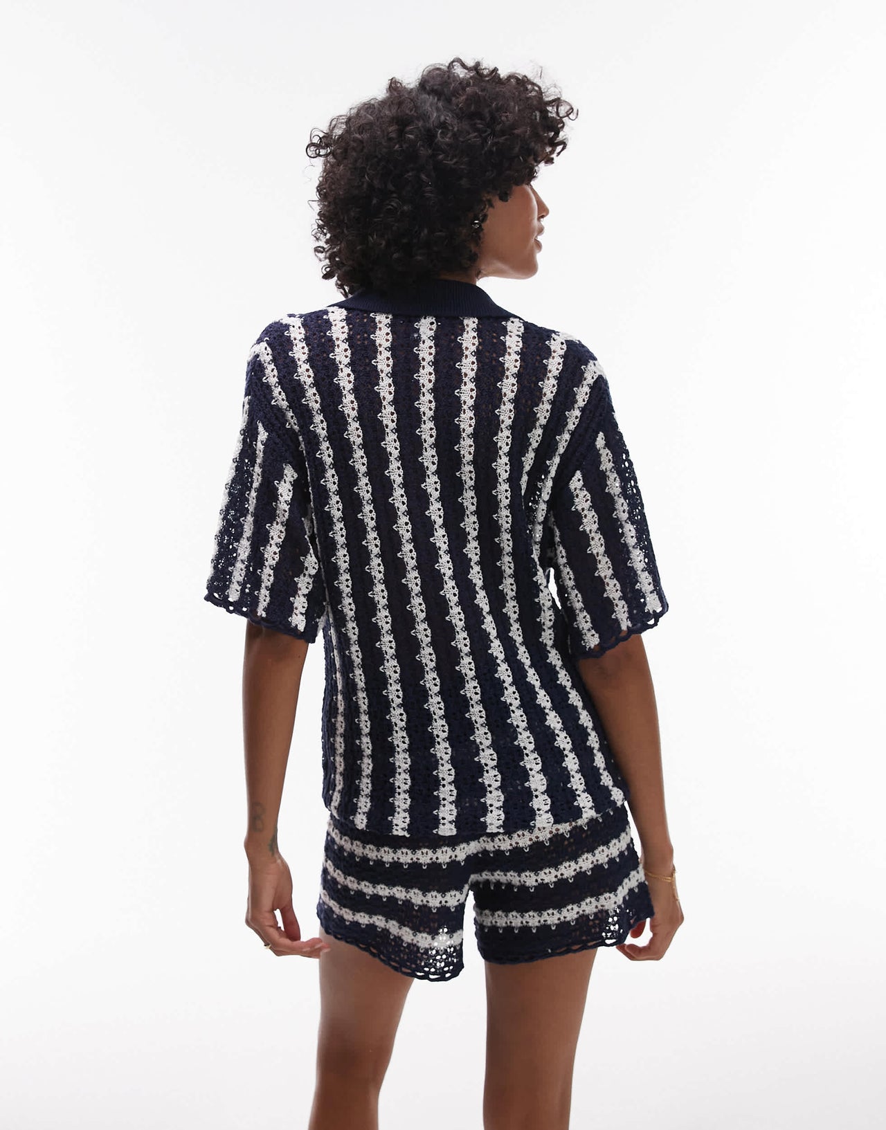 Topshop knitted stitchy stripe co-ord shirt in blue and ivory